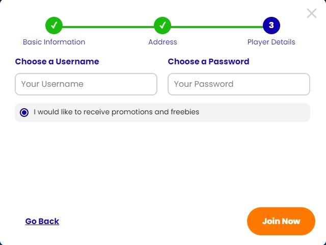 Wolf Spins Casino registration step 3 — choose username and password