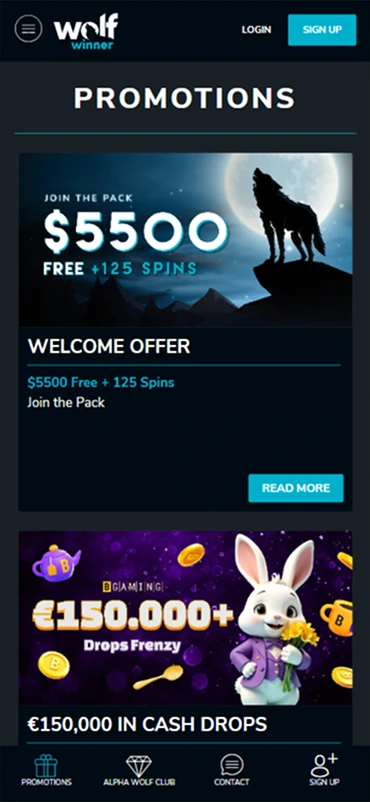 Wolf Spins Casino promotions page on mobile with 5500 pounds offer