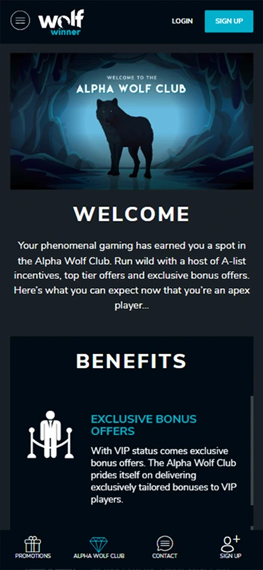 Wolf Spins Casino mobile welcome page with benefits